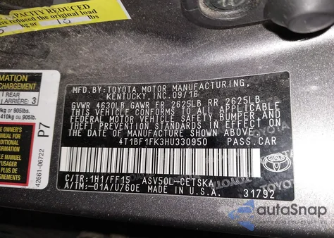 2017 Toyota Camry Se из США, поврежденный, VIN 4T1BF1FK3HU330950